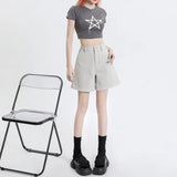 Fongt Denim Shorts Female Summer Thin 2024 New Design Sense Small High Waist Show Thin Wide Leg Five Split Pants-Outfit