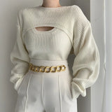 New 2021 Autumn Winter Women Sweaters Pullover Two Pieces Knitted Fashionable Vintage Elegant Cutout Lady Tops