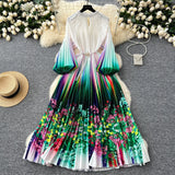 Fongt Elegant Dress Women Fashion Nail Ball Collar Hollow Pressure Folding Lantern Sleeves To Print Long Skirt