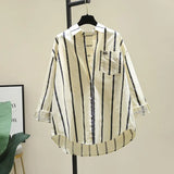 Fongt 2025 Spring And Autumn New Korean Version Of Small Fresh Cardigan Striped Print Single Pocket Loose Long-Sleeved Shirt Woman