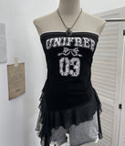 Fongt Shooting Retro Letter Print Bump Color Palette Vest Body Splicing Mesh Yarn With Hottie Top 8089