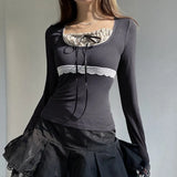 Lace Stitching Bow Patchwork Long Sleeve Tee-Outfit