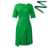 Fongt Women's Pure Color Fashion Temperament Five-Sleeve High-Waisted Folding High-Rise Dress