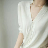 Pearl Button Knit Tops Women Candy Color V-neck Summer Tshirts V-neck Half Sleeve Tee Slim Knitwear Jumper Casual