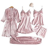 Fongt Women Summer Ice Silk Sexy Hot Home Clothes Spring And Autumn Long Sleeve Thin Large-Size Pyjamas Five-Piece Set