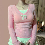 Patchwork Lace Bow Long Sleeve Knitted Tee-Outfit