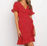 Dresses Summer 2021 Sexy V Neck Floral Print Boho Beach Dress Ruffle Short Sleeve A Line Mini Dress Wrap Sundress