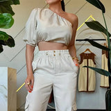 Fongt 2024 New Fashion Diagonal Collar Rotator Sleeve Top Casual Wind Pants Two-Piece Set-Outfit