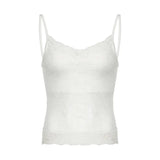 See Through Lace Cropped Top Solid White Sleeveless Spaghetti Strap Tops Women Casual Patchwork Summer Tee y2k Aesthetic-Outfit