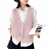Fongt Spring 2024 New Solid Color Knit Vest Vest Jacket Loose Versatile Sleeveless Cardigan Sweater Vest Female-Outfit