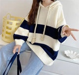 Wind Hooded Striped Sweater Women's 2024 Spring And Autumn New Large Size Thin Loose Age Korean Knitted Blouse-Outfit
