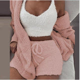 Fluffy Three Piece Set Lounge Sexy 3 Piece Set Women Sweater knit Set Tank Top And Pants Casual Homewear Outfits Home