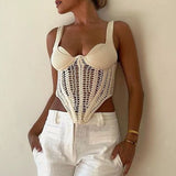 Fongt Hollow Out Inside The Jacket Spring 2024 New Fashion Fish Bone Bundle Waist Fish Bone Handmade Hook Flower Knit Vest-Outfit