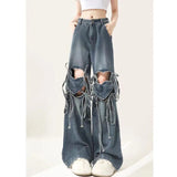 Fongt Mm Dopamine Wearing Gradient Love Straps With Ripped Jeans Women's Large Size Loose Thin Broad Leg Pants