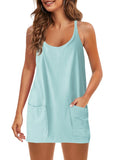 Fongt Summer Solid Sleeveless Dress Fine Shoulder Strap Vest Skirt Sports Skirt Pocket