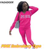 Casual Tracksuits Women Solid Two Piece Set Women Plus Size Pink Letter Embroidery Zipper Hoody Coat + Pants Sets