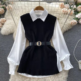 Light Luxury Ladies Dress Set Women's Loose Long-sleeved White Shirt Top + Slit Knitted Vest Vest Two-piece Set-Outfit