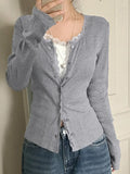 Fongt 2025 New Simple Solid Color Lace Splicing Casual Buckle Knitted Long-Sleeved T-Shirt Top