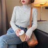 Fongt Half High Collar Striped Long Sleeve T-Shirt Bottom Shirt Women's New Autumn Ins Slim Wood Ear Inside The Top-Outfit