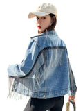 Short Jacket Women's 2022 Spring Fall New Chains Fringe Loose High-Waist Jeans Top Female Black Jean Coats Students