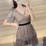 2022 New Arrive Summer Short Sleeve Sequin Midi Dress Sexy V-Neck High Quality Runway Long Dresses