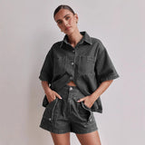 Fongt Summer Women's Casual Retro Loose Shirt Denim Shorts Set Denim
