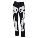 Jeans Black Skeleton Printed Pattern Streetwear Y2K Style Long Trousers Ladies Mid Waist Slimming Pants Autumn