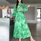 Fongt Wind Two Sets Of Female High-Grade Bow Tie With Lantern Sleeve Print Shirt Pendant Half-Body Skirt