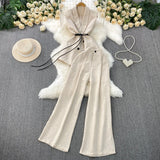 Fongt Gray West Assembly V-Neck Double Buckle Vest Sleeveless Waist Blouse + High Waist-High-Scretch Broad-Legged Trousers Two
