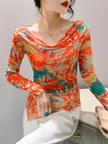Autumn Mesh T-shirt Women Full Sleeve Irregular Hem Elegant High Stretch Slim Top-Outfit