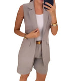 Fongt Summer New Cross-Hot Style Women's Solid Color Lapel Temperament Commuter Shorts Two-Piece Set-Outfit