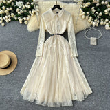 Fongt Retro Elegant Dress Women Winter High Hook Lace Splicing Mesh Yarn Irregular Knee Dress
