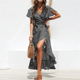 Fongt 2024 Hot Sexy V Collar Irregular High Waist With Chiffon Print Dress Spot-Outfit