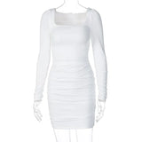 Ruched Solid Women Long Sleeve Mini Dress Bodycon Sexy Party Elegant Streetwear 2020 Autumn Winter Club White