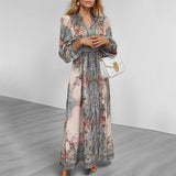 Fongt Dress Women's New Elegant Temperament V-Neck Fashion Print Long-Sleeved Dress