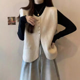 New Solid Color Single-Breasted Buckle Folded Through Leisure College Women's Vest Round Collar Knitting Korean Version Of The Small Fragrant Wind Vest-Outfit