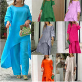 Fongt New Women's Cotton And Cotton Fashion Casual Large Code Irregular Long-Sleeved Set Of Wide Leg Pants Two Sets