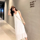 Womens Summer New Chic Fit Tender Sweet Pleated Spaghetti Trendy Soft Simple Solid Korean Style Elegant Vintage Pure