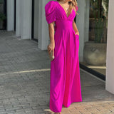 Fongt New Women's Short-Sleeved Stylish Elegant Large-Size Wide-Legged Jump-Legged Jumpsuit