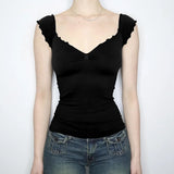 Flying Sleeve Chest Leaky Back Element Waist Showing Thin Basic Vest Sexy V-Collar Casual T-Shirt Trend-Outfit