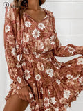 Women Boho Floral Print Mini Vintage Dress Elegant 2022 Spring Long Sleeve Elastic Wasit A-line Day Party