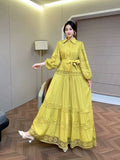 Fongt Retro Elegant Lace Splicing Strap To The Waist Lantern Sleeve Dress Female Thin Temperament Court Style Dress