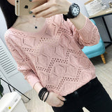 Fongt 2023 New Women's Loose V-Neck Hollowed-Out Thin Top Burst Sweater Knit Bottom Bat Shirt-Outfit