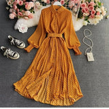 Fongt Shirt Collar Wave Dot Dress Spring And Autumn New Gentle Wind Temperament To Close The Waist Of The Big Folded Fork Woman