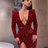 Fongt Women's Sexy One-Shoulder Long-Sleeved Embroidered Dress Open Fork Long Dress INS