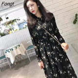 Sleeve Dress Women Floral-printed Chiffon Elegant Black Korean Style Leisure Slender Chic Student Streetwear Womens