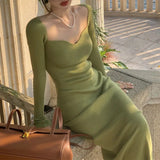 Sexy Slim Split Knitted Long Dress Vintage Solid Square Collar Long Sleeve Maxi Dresses For Women 2021 Elegant