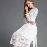 Fongt 2025 New Women's Dress Round Collar Hollow Simple Lace Long Sleeves Medium Long