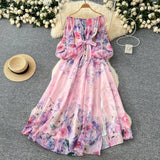 Fongt Spring Holiday Style Dress Woman 2025 New Shoulder Strapped Belt Waist Lantern Sleeve Print Chiffon Long Skirt