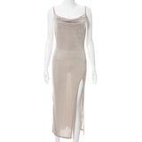 Summer Hot Sexy Solid Spaghetti Strap Backless Midi Dress Casual Evening Party Sexy V-Neck Split Folds